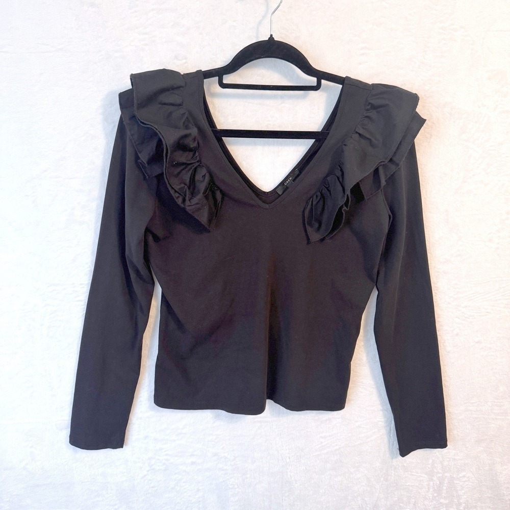 Drew Top Ruffle Shoulder Small Black Womens V Neck Long Sleeve Blouse